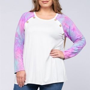 New Women’s Plus Size XL & 2X Top White with Tie Dye Sleeves & Button Accents